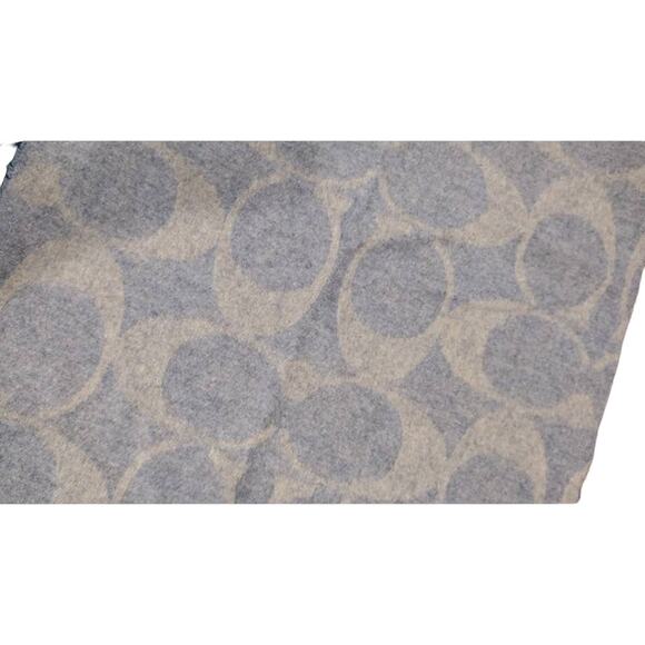 Coach Wool Blend Signature Scarf with Fringes, Beige and Gray - Picture 3 of 4